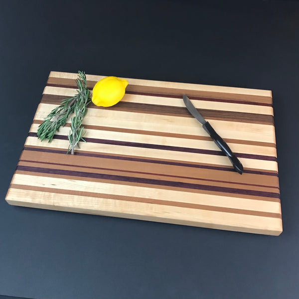 Walnut, Cherry and Maple Wood Cutting Board with Exotic Padauk Wood  - Unique Table Centerpiece - Wood Serving Platter - Chopping Block