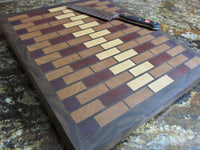 Large end grain cutting board made from solid hardwood maple, cherry, walnut, padauk, and purpleheart woods. great gift idea for the kitchen
