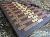 Large end grain cutting board made from solid hardwood maple, cherry, walnut, padauk, and purpleheart woods. great gift idea for the kitchen
