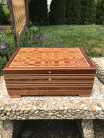 Wood Artisan Box Made of Sapele, Oak and Maple Woods. Mantel box. Table centerpiece. Wooden box with lid. Proudly Made in the USA