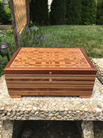 Wood Artisan Box Made of Sapele, Oak and Maple Woods. Mantel box. Table centerpiece. Wooden box with lid. Proudly Made in the USA