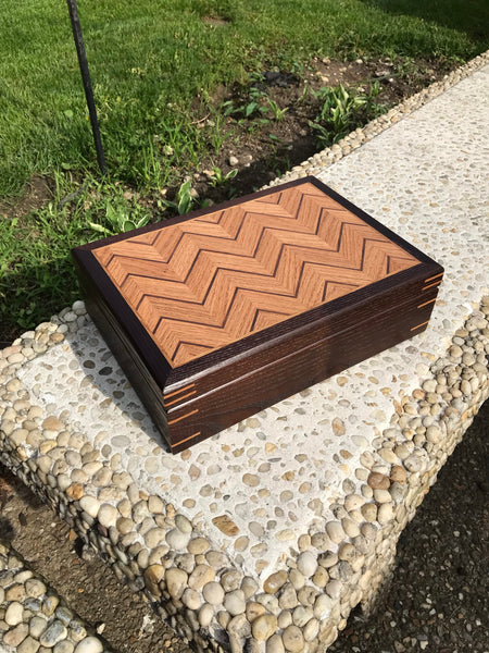 Unique artisan box made from oak, ash, and walnut. Wood tea box. Fireplace mantel decor. box for storage.