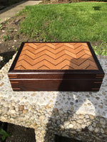 Unique artisan box made from oak, ash, and walnut. Wood tea box. Fireplace mantel decor. box for storage.